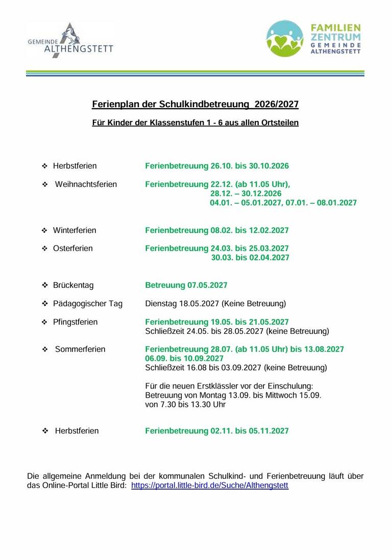 Ferienplan der Schulkindbetreuung 26-27