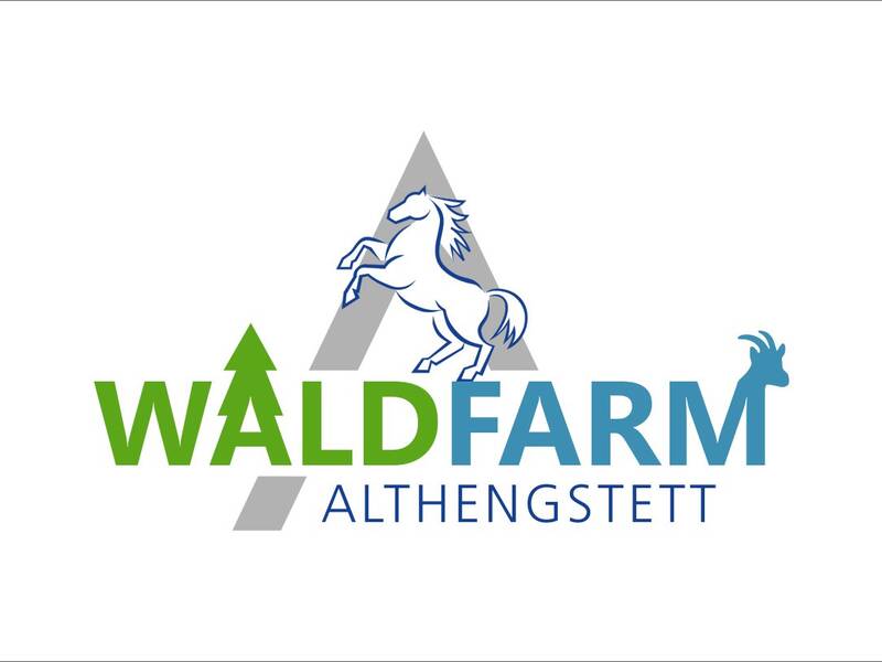 Zu sehen ist in grün-bluer schrift WaldFarm. Im Hintergrund der Hengst und der Buchstabe A vom Alhengstetter Logo